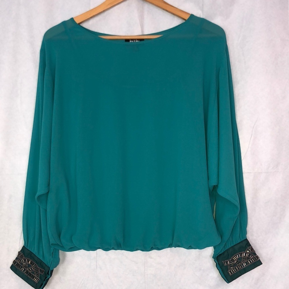 By&By Woman’s Turquoise Dolman Long Sleeve Chiffon Lined Blouse XL